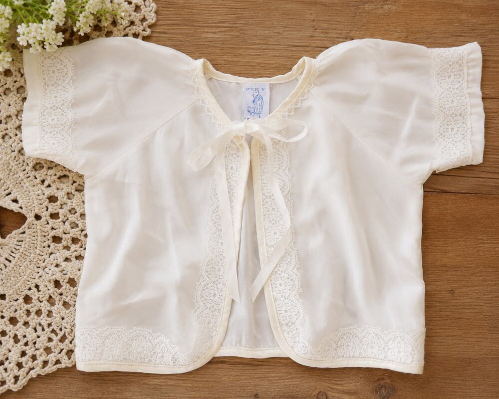 Vintage Shepherd Baby Bed Jacket Ivory Lace Satin Tie Nylon Infant 0-18 Mos 70s